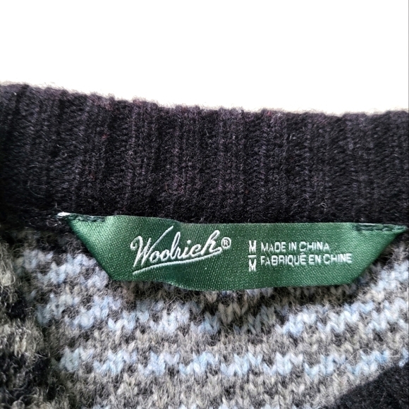 WOOLRICH Lambswool Cardigan Sweater Jacket Black/Grey/Cream Pattern Women's M - Picture 6 of 9